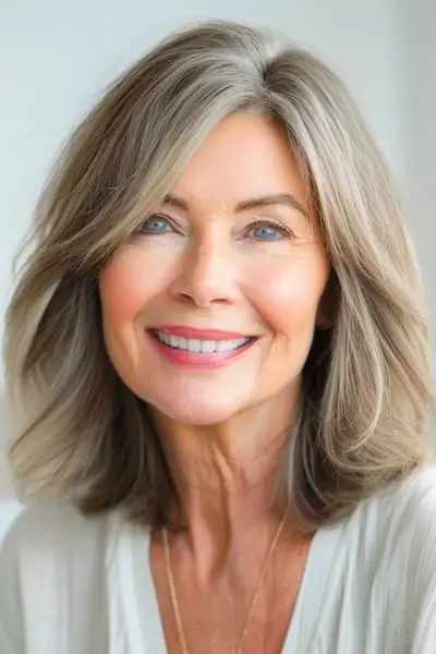 두꺼운 머리를 가진 50세 이상 여성을 위한 얼굴 프레이밍 로브 헤어스타일.