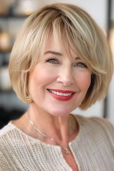 두꺼운 머리를 가진 50세 이상 여성을 위한 앞머리가 있는 짧은 밥 헤어스타일.