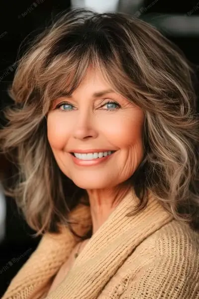 두꺼운 머리를 가진 50세 이상 여성을 위한 앞머리가 있는 볼륨감 있는 레이어 헤어스타일.