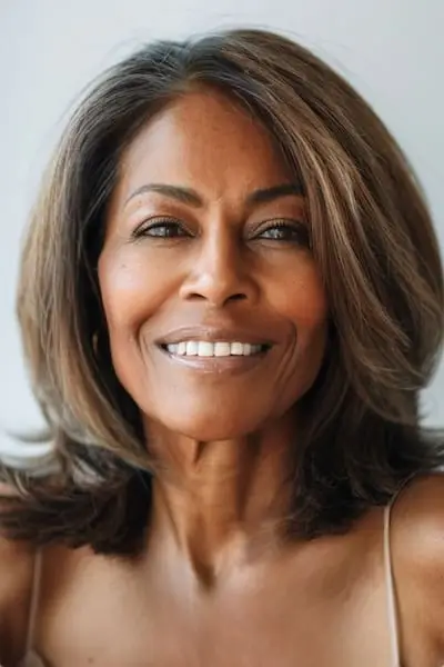 두꺼운 머리를 가진 50세 이상 여성을 위한 뒤집힌 끝 헤어스타일이 있는 레이어드 밥.