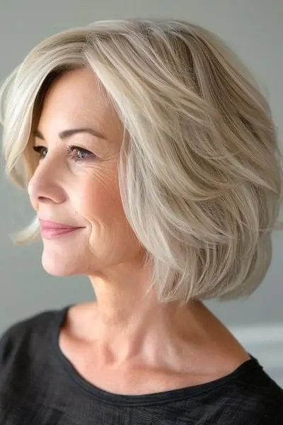 두꺼운 머리를 가진 50세 이상 여성을 위한 둥근 레이어 밥 헤어스타일.