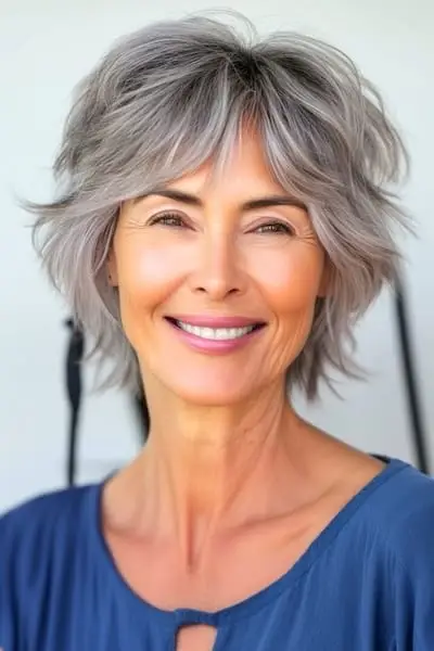 두꺼운 머리를 가진 50세 이상 여성을 위한 질감 있는 웨이브 헤어스타일이 있는 레이어드 밥.