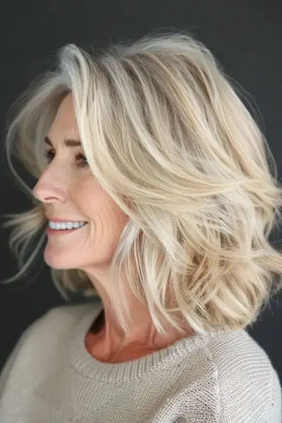 두꺼운 머리를 가진 50세 이상 여성을 위한 헝클어진 중간 길이 레이어 헤어스타일.