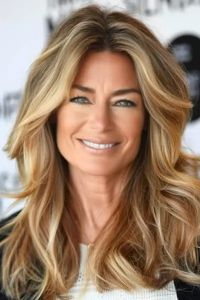 두꺼운 머리를 가진 50세 이상 여성을 위한 긴 웨이브 레이어 헤어스타일.