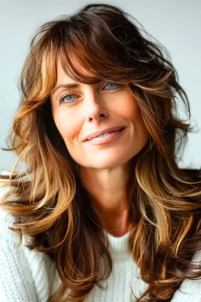 두꺼운 머리를 가진 50세 이상 여성을 위한 앞머리 헤어스타일이 있는 Swoopy 레이어.