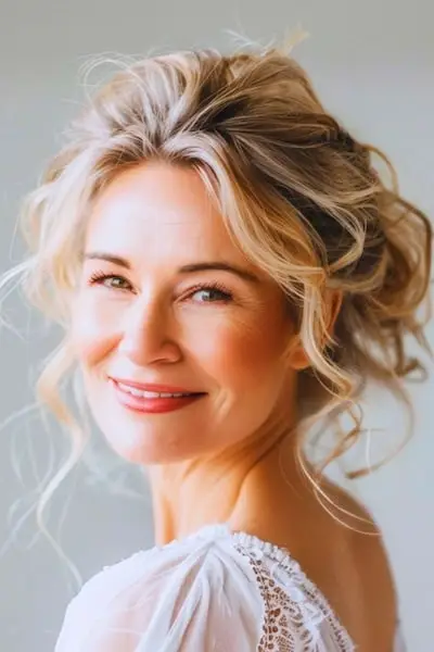 두꺼운 머리를 가진 50세 이상 여성을 위한 볼륨감 있는 업두 헤어스타일.