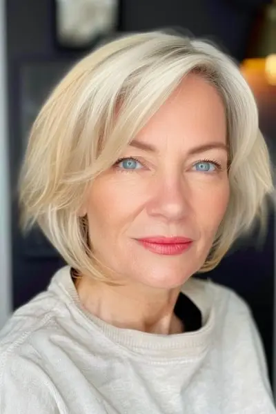 두꺼운 머리를 가진 50세 이상 여성을 위한 레이어드 밥 헤어스타일.