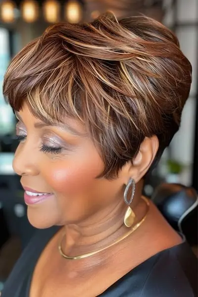 굵은 머리카락을 가진 50세 이상 여성을 위한 하이라이트 헤어스타일이 있는 레이어드 픽시.