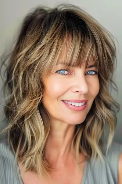 두꺼운 머리를 가진 50세 이상 여성을 위한 레이어 헤어스타일의 어깨 길이 섀기 컷.