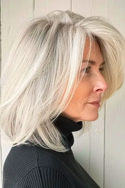 두꺼운 머리를 가진 50세 이상 여성을 위한 레이어드 로브 헤어스타일.