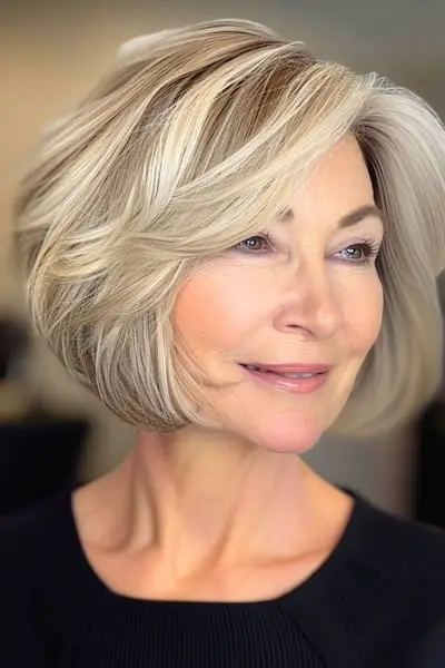 두꺼운 머리를 가진 50세 이상의 여성을 위한 레이어 헤어스타일이 있는 턱 길이 밥.