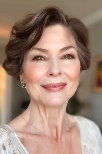 60대 웃는 여성의 물결 모양의 픽시 헤어스타일입니다.