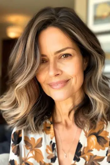 60대 웃는 여성의 헤어스타일을 강조한 볼륨감 있는 파도.