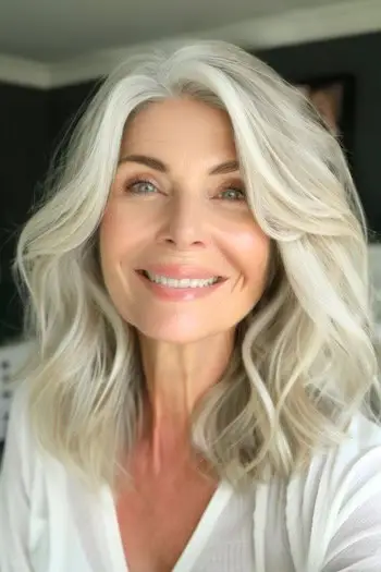 웃는 60대 여성의 옆머리와 블렌드 레이어 헤어스타일이 있는 웨이브 로브.