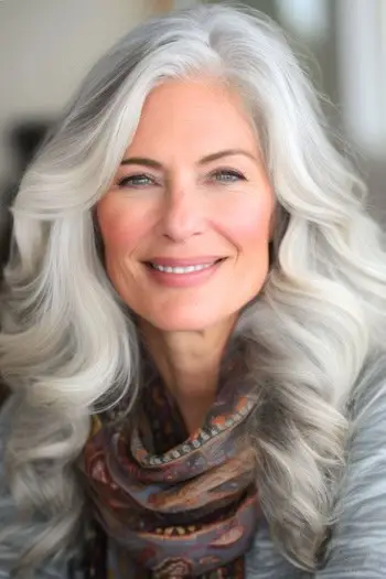 웃는 60대 여성의 느슨한 곱슬머리 헤어스타일.