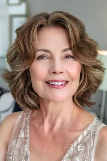 60대 미소 짓는 여성의 측면 앞머리 헤어스타일을 층층이 쌓은 웨이브.