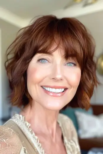 그녀의 60대 웃는 여성에게 어번 웨이브 헤어스타일을 자릅니다.