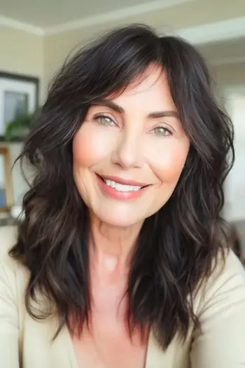 웃는 60대 여성의 부드러운 어깨 길이 웨이브 헤어스타일.