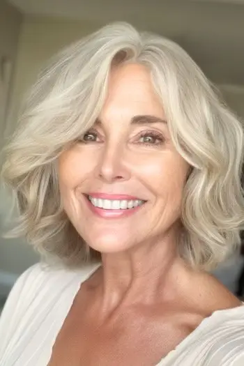 60대 웃는 여성의 헝클어진 물결 모양의 밥 헤어스타일.