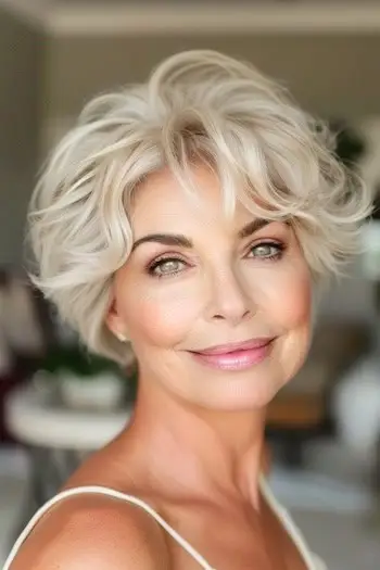 웃는 60대 여성의 웨이브 픽시 밥 헤어스타일.