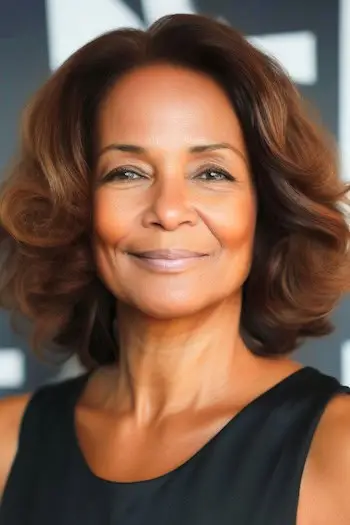 웃는 60대 여성의 부드러운 웨이브 밥 헤어스타일.