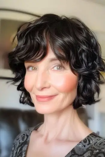 턱길이 웨이브와 앞머리 헤어스타일로 웃고 있는 60대 여성.