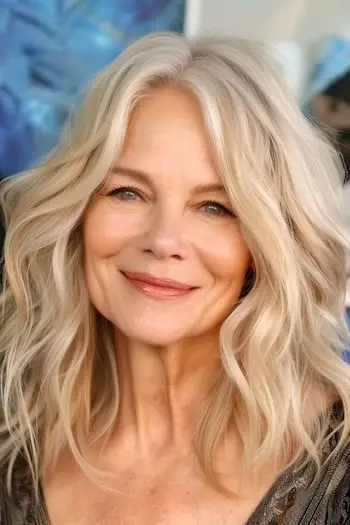 웃는 60대 여성의 부드러운 질감의 파도 헤어스타일.