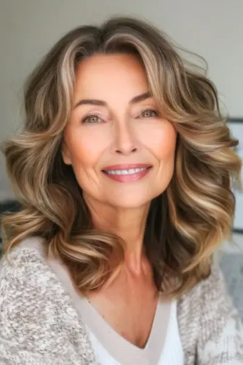 웃는 60대 여성의 중간 길이의 부드러운 하이라이트 웨이브 헤어스타일.