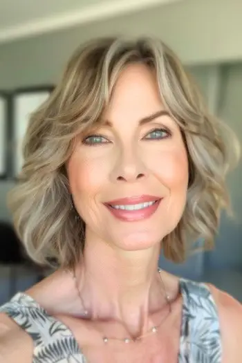 웃는 60대 여성의 레이어드 웨이브 헤어스타일을 잘라냈습니다.