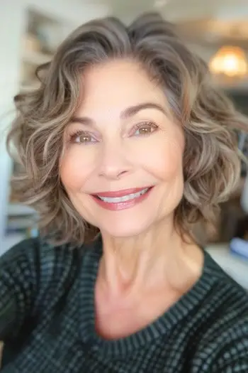 웃는 60대 여성의 물결 모양의 밥 헤어스타일입니다.