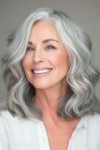 60대 웃는 여성의 볼륨감 있는 은빛 파도 헤어스타일.