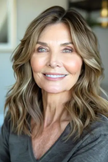 웃는 60대 여성의 중간 길이 강조된 웨이브 헤어스타일.