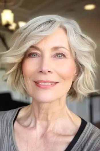 웃는 60대 여성의 턱 길이 웨이브 헤어스타일.