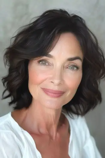 웃는 60대 여성의 옆머리 앞머리 웨이브 헤어스타일.