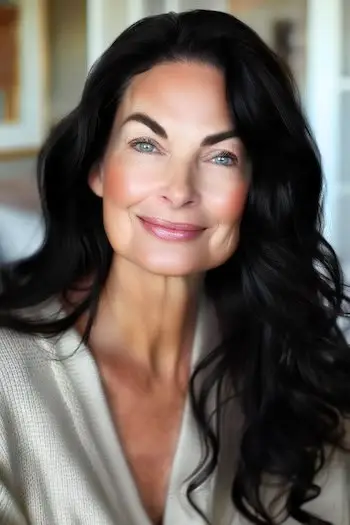 그녀의 60 대 웃는 여자에 긴 느슨한 파도 헤어스타일.