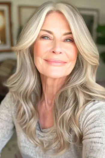 웃는 60대 여성의 긴 얼굴 프레이밍 웨이브 헤어스타일.