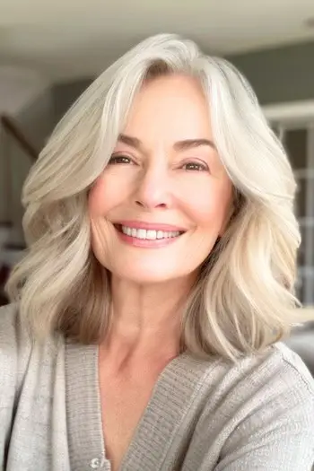 웃고 있는 60대 여성의 어깨 길이 레이어드 웨이브 로브 헤어스타일.