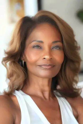 웃는 60대 여성의 어깨 길이 깃털 웨이브 헤어스타일.