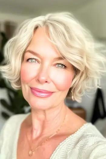 60대 웃는 여성의 짧은 웨이브 밥 헤어스타일을 헝클어뜨렸습니다.