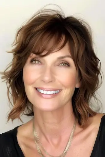 60대 웃는 여성의 헝클어진 레이어드 웨이브 헤어스타일.