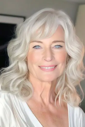 웃는 60대 여성의 앞머리 헤어스타일이 있는 흰색 금발 파도.