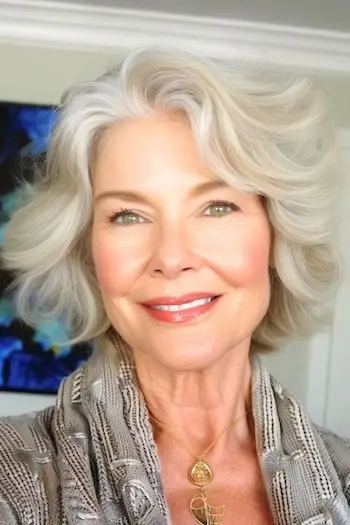 웃는 60대 여성의 옆머리 헤어스타일이 있는 짧은 웨이브.