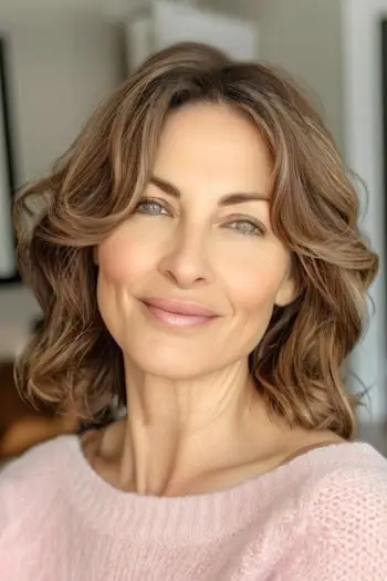 60대 웃는 여성의 질감 있는 중간 길이 웨이브 헤어스타일입니다.