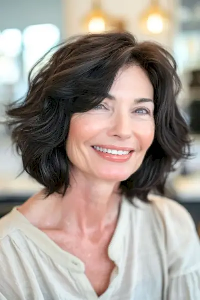 黒髪の女性にエフォートレスなウェーブ。 50歳以上。