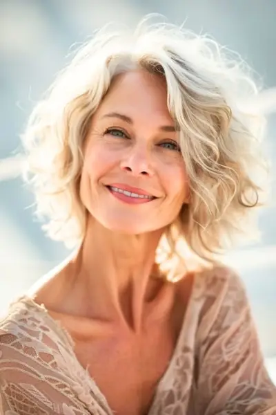 50歳以上の女性のあごまでの長さのブロンドのウェーブ。