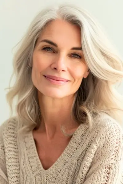 年配の女性の肩までの長さの白い波。