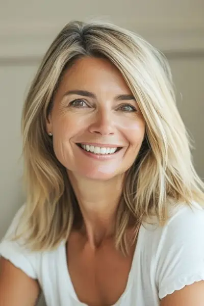 肩までの長さのブロンドの髪に、ピース状のブロンドのハイライト。