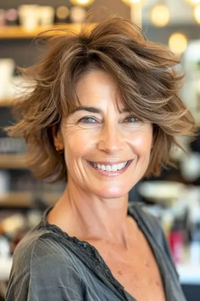 茶色の髪の年配の女性のボリュームのある羽毛のレイヤー。