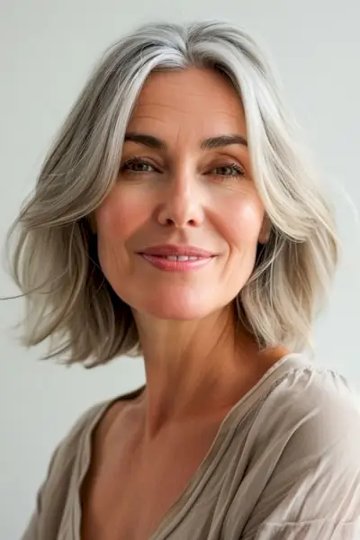 年上の女性の顔を縁取るシルバーのハイライト。