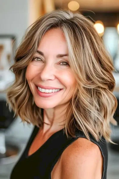 肩までの長さの茶色の髪にブロンドのハイライトが入った 50 歳以上の女性。